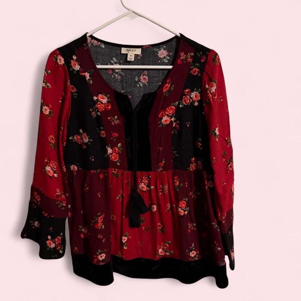 Style & Co Blouse Women PS Red Floral Patchwork Peasant Top Tassel